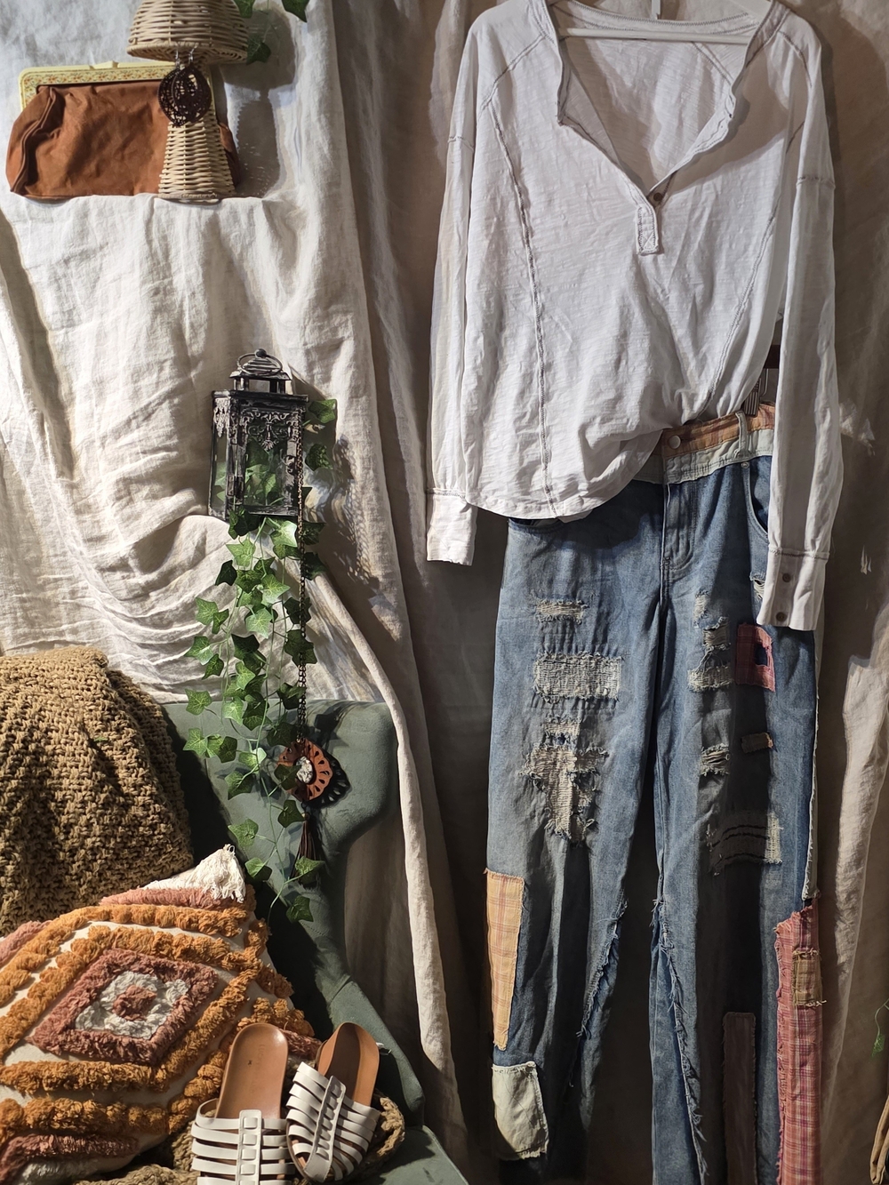 White Button Distressed Long Sleeve Top